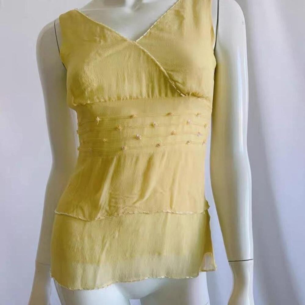 Yellow oasis vintage real silk tank top with ruffles and beading